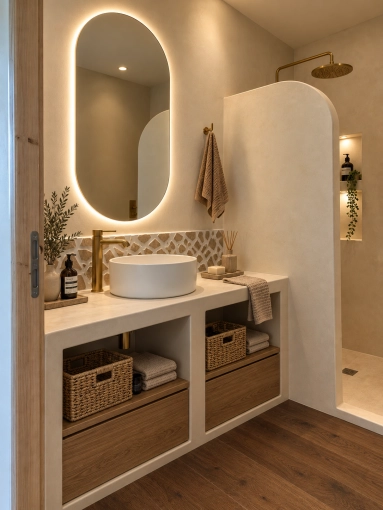 Bohemian, Bathroom, Chic, Full Project, Creation of exclusive furniture, 3D ambiance, Plan, Renovation