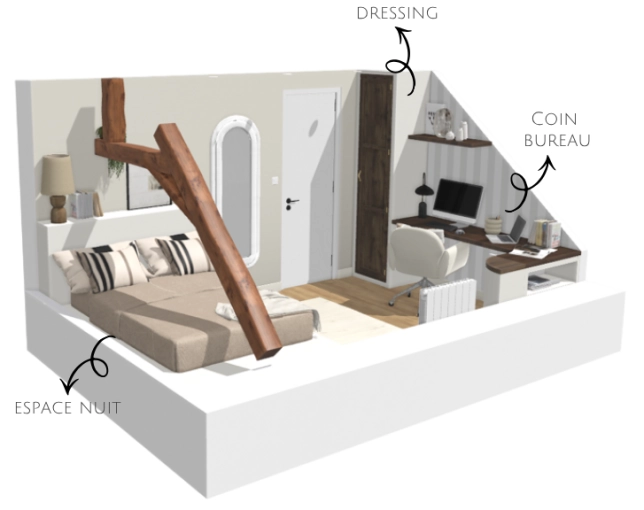 Bohemian, Nature, Office, Full Project, Creation of exclusive furniture, Shopping list, 3D ambiance, Plan, Renovation