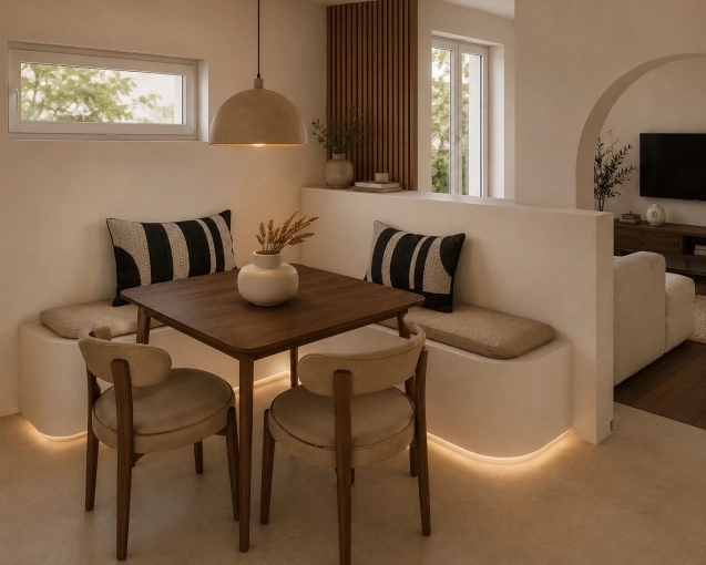 Bohemian, Chic, Nature, Dining room, Full Project, Creation of exclusive furniture, 3D ambiance, Plan, Renovation