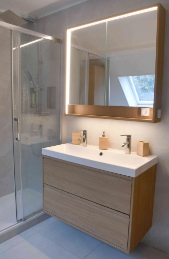 Home, Contemporary, Scandinavian, Bathroom, Chic, Consultation Visit, Home Staging, Coach shopping, Shopping list, 3D ambiance, Plan, Renovation