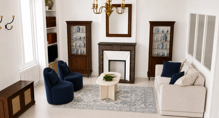 Home, Vintage, Chic, Living room, Full Project, Shopping list, 3D ambiance, Plan, Renovation