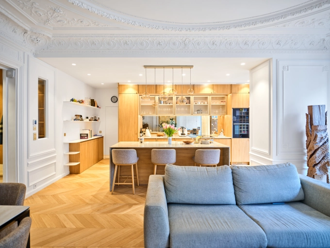 Flats / Apartments, Kitchen, Chic, Living room, Dining room, Full Project, Energy renovation, Creation of exclusive furniture, Shopping list, 3D ambiance, Plan, Renovation