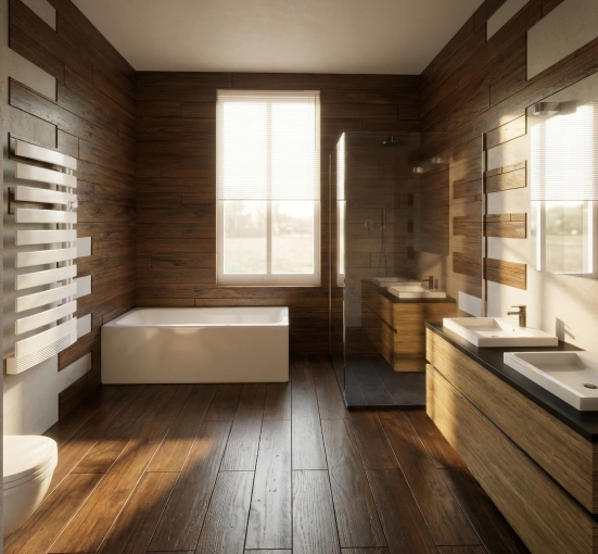 Contemporary, Scandinavian, Bathroom, Full Project, Shopping list, 3D ambiance, Plan