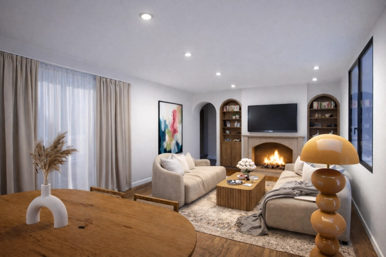 Minimalist, Contemporary, Living room, Full Project, 3D ambiance, Plan