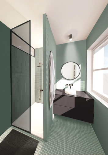 Industrial, Minimalist, Contemporary, Bathroom, Chic, Full Project, 3D ambiance, Plan