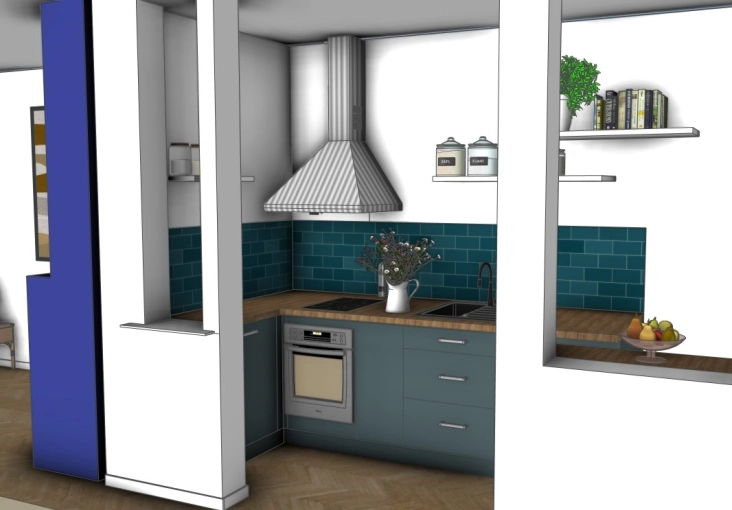 Contemporary, Kitchen, Nature, Full Project, 3D ambiance, Plan