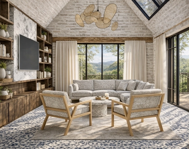 Rustic, Chic, Living room, Creation of exclusive furniture, 3D ambiance