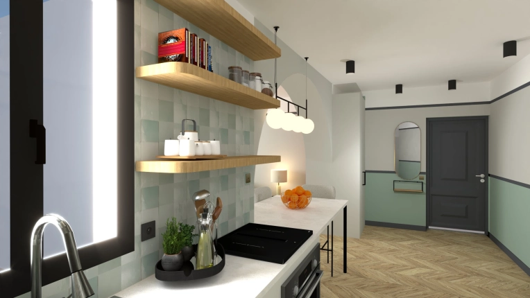 Contemporary, Scandinavian, Kitchen, Chic, Full Project, Creation of exclusive furniture, 3D ambiance, Plan