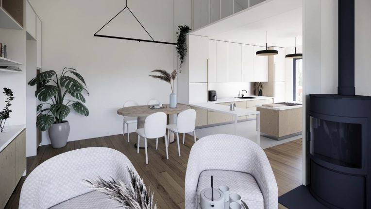 Minimalist, Contemporary, Scandinavian, Chic, Living room, 3D ambiance