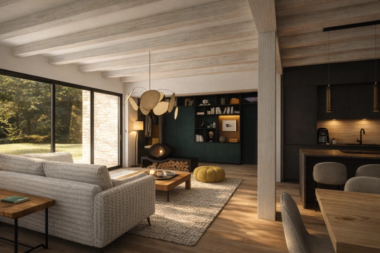 Contemporary, Scandinavian, Chic, Living room, Full Project, 3D ambiance, Plan