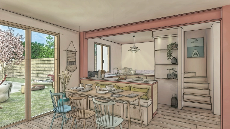 Bohemian, Vintage, Kitchen, 3D ambiance, Plan