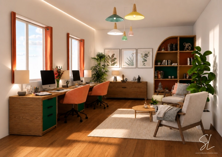 Contemporain, Bureau, Projet complet, Liste shopping, 3D d'ambiance, Plan