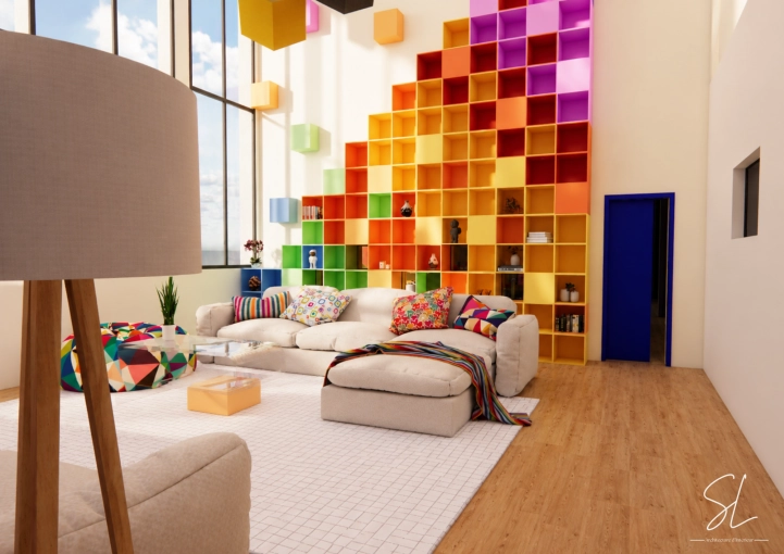 Bohème, Contemporain, Salon / séjour, Projet complet, Liste shopping, 3D d'ambiance, Plan