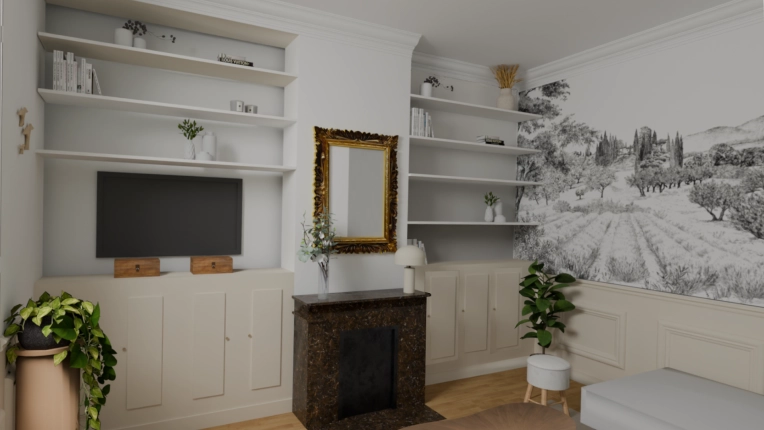 Vintage, Chic, Nature, Living room, Full Project, Creation of exclusive furniture, Shopping list, 3D ambiance, Plan