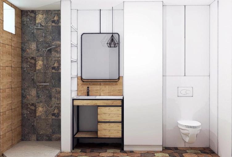 Industriel, Contemporain, Salle de bain, Chic, 3D d'ambiance, Plan