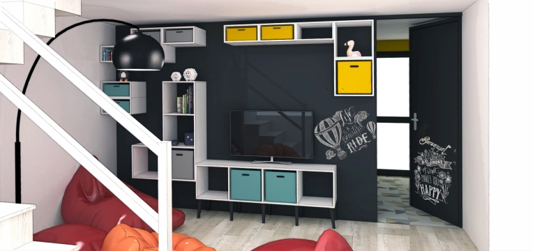 Industriel, Contemporain, Chambre, Chic, Création de meubles, 3D d'ambiance, Plan