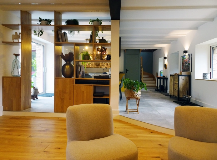 Bohème, Chic, Nature, Salon / séjour, Projet complet, Création de meubles, 3D d'ambiance, Plan