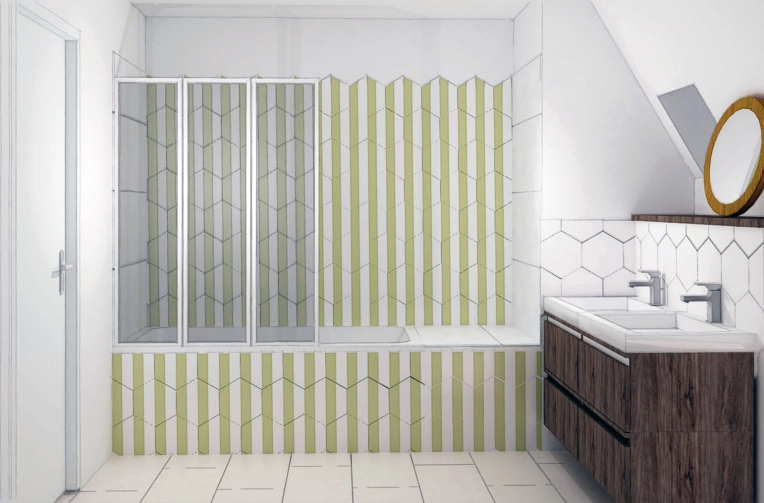 Bohème, Salle de bain, Projet complet, Création de meubles, 3D d'ambiance, Plan