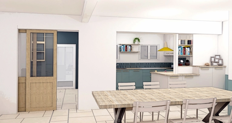 Contemporain, Chic, Nature, Salle à manger, Projet complet, Création de meubles, 3D d'ambiance, Plan