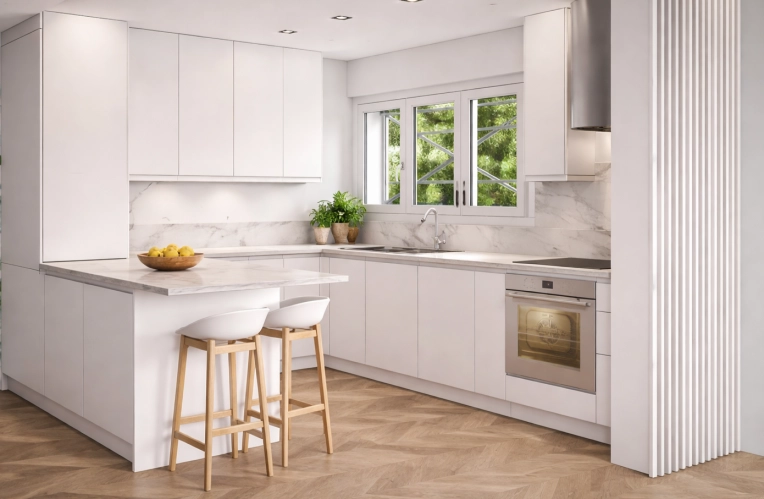 Minimalist, Contemporary, Scandinavian, Kitchen, Shopping list, 3D ambiance, Plan