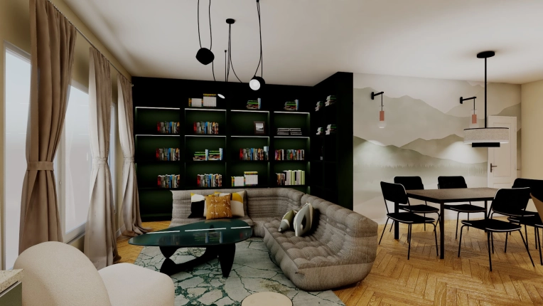 Contemporary, Chic, Living room, Full Project, Creation of exclusive furniture, Shopping list, 3D ambiance, Plan