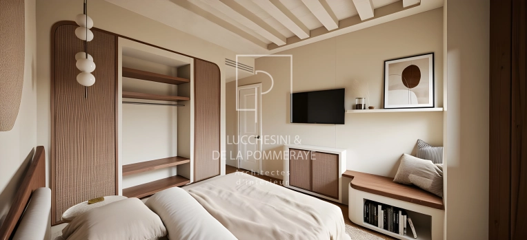 Room, Chic, Wabi-sabi, Full Project, Home Staging, Creation of exclusive furniture, Shopping list, 3D ambiance, Plan