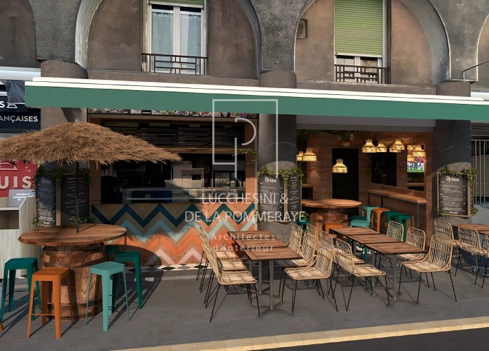 Industrial, Restaurant, Shopping list, 3D ambiance, Plan