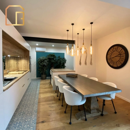 Contemporary, Chic, Dining room, Full Project, Shopping list, 3D ambiance, Plan