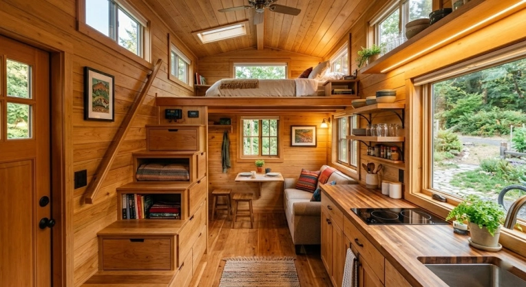 Bohemian, Contemporary, Scandinavian, Nature, Tiny house, Full Project, Creation of exclusive furniture, 3D ambiance, Plan