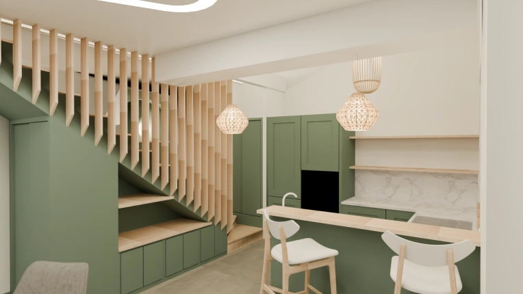 Minimalist, Contemporary, Scandinavian, Kitchen, Creation of exclusive furniture, 3D ambiance, Renovation