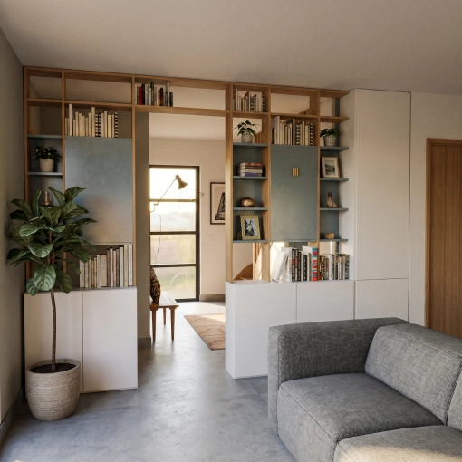 Minimalist, Contemporary, Scandinavian, Living room, Full Project, Creation of exclusive furniture, 3D ambiance, Plan