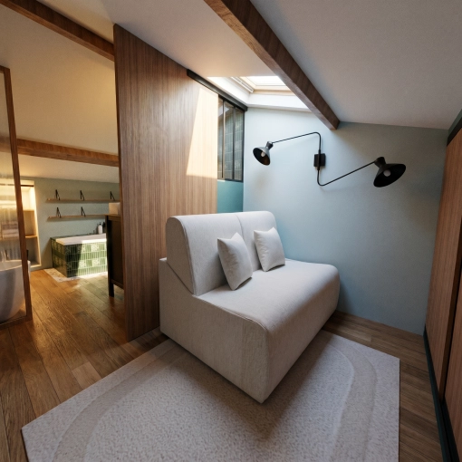 Industrial, Room, Full Project, Creation of exclusive furniture, Shopping list, 3D ambiance, Plan, Renovation