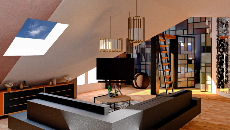 Industrial, Contemporary, Living room, 3D ambiance