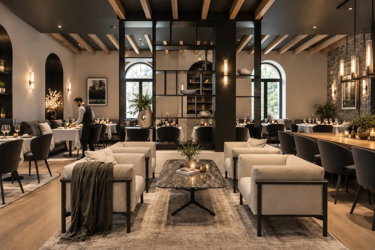 Rustic, Contemporary, Restaurant, 3D ambiance