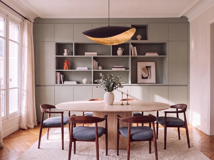 Scandinavian, Chic, Dining room, Consultation Visit, Remote Coaching, Creation of exclusive furniture, Shopping list, 3D ambiance, Plan