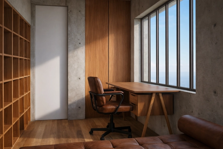 Minimalist, Contemporary, Japanese, Office, Wabi-sabi, Full Project, Creation of exclusive furniture, 3D ambiance, Plan