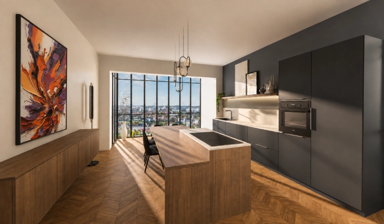 Minimalist, Contemporary, Kitchen, Creation of exclusive furniture, 3D ambiance, Plan