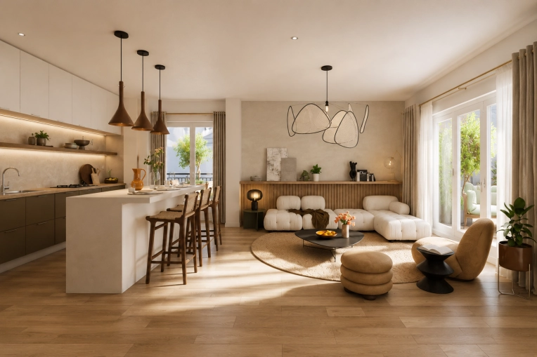 Contemporary, Flats / Apartments, Living room, 3D ambiance, Plan