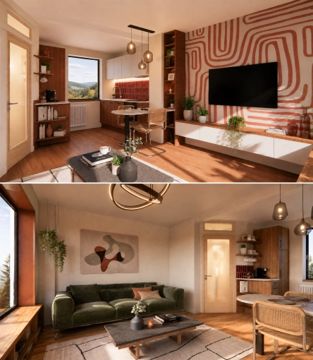 Contemporary, Flats / Apartments, Kitchen, Nature, Living room, Dining room, Full Project, Creation of exclusive furniture, 3D ambiance, Plan, Renovation