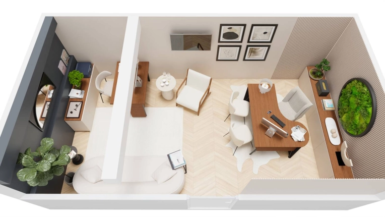 Contemporain, Chic, Bureau, Projet complet, Création de meubles, 3D d'ambiance, Rénovation