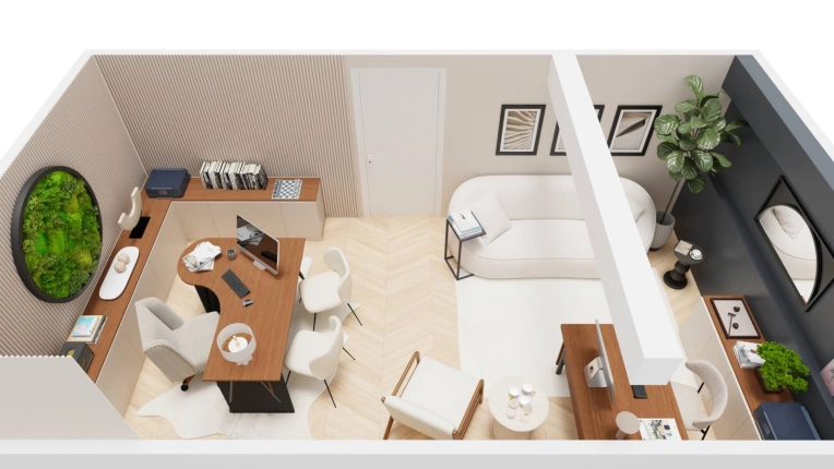 Contemporain, Chic, Bureau, Projet complet, Création de meubles, 3D d'ambiance