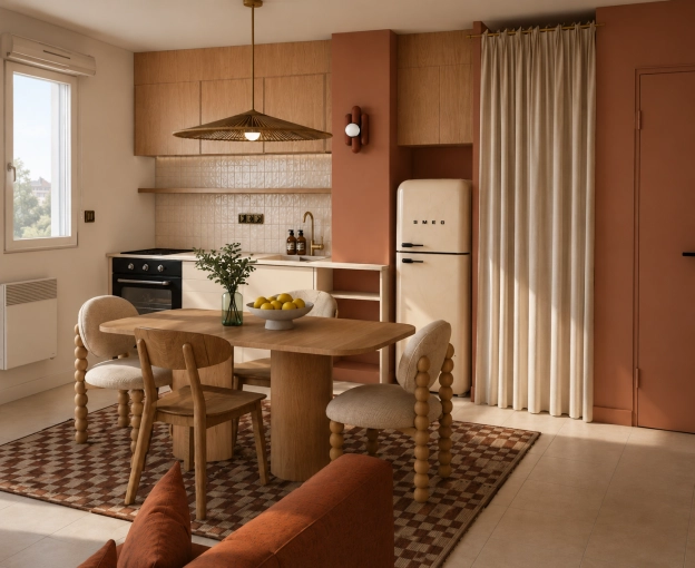 Bohemian, Scandinavian, Flats / Apartments, Kitchen, Chic, Wabi-sabi, Dining room, 3D ambiance