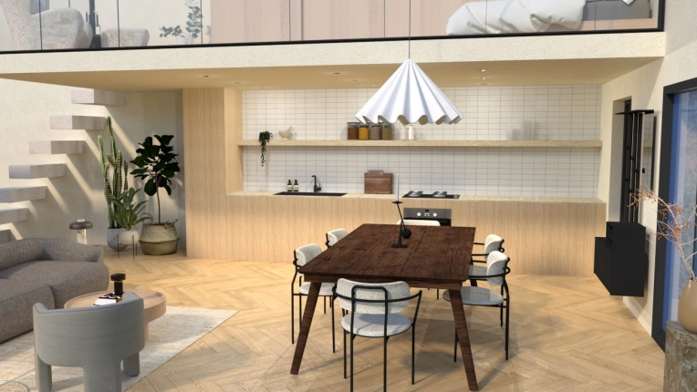 Scandinavian, Kitchen, Chic, Living room, Wabi-sabi, Dining room, 3D ambiance