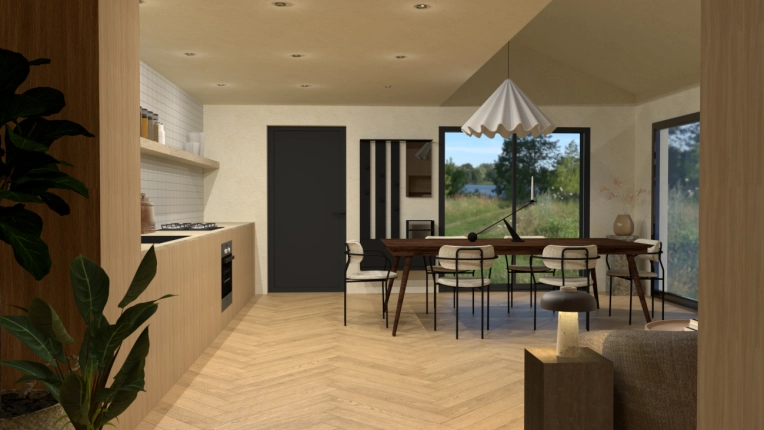 Contemporary, Scandinavian, Kitchen, Living room, Wabi-sabi, Dining room, 3D ambiance