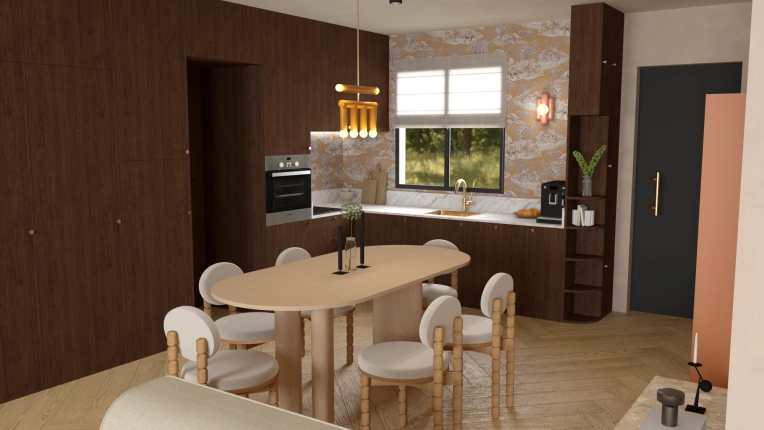 Scandinavian, Kitchen, Chic, Maximalist, Dining room, 3D ambiance