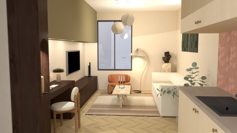 Japanese, Scandinavian, Flats / Apartments, Chic, Living room, Wabi-sabi, 3D ambiance