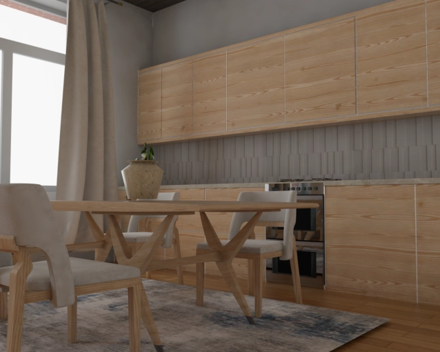 Minimalist, Contemporary, Scandinavian, Kitchen, Nature, 3D ambiance, Plan