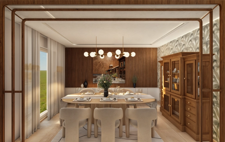Minimalist, Contemporary, Vintage, Dining room, 3D ambiance