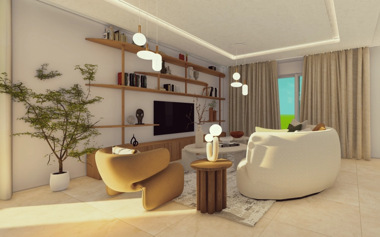 Scandinavian, Nature, Living room, 3D ambiance, Renovation