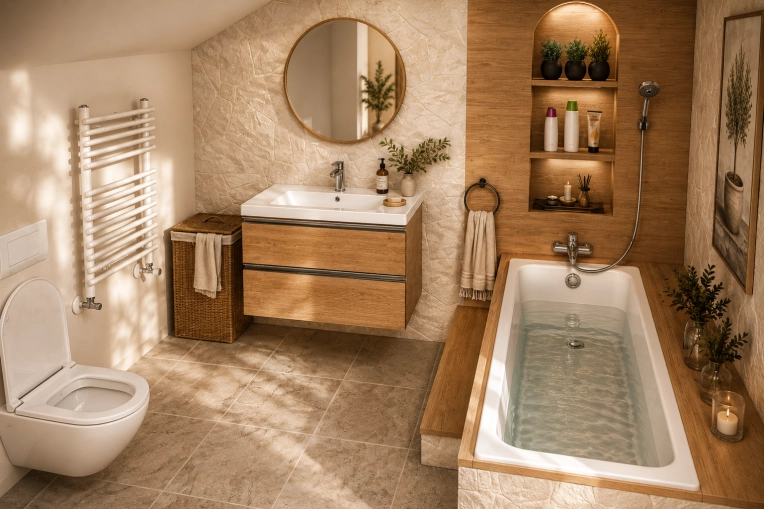 Bohemian, Contemporary, Bathroom, Nature, Full Project, Shopping list, 3D ambiance